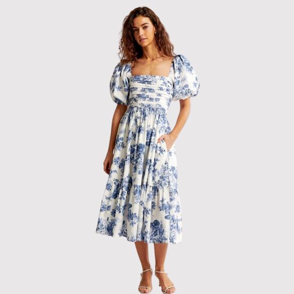 Abercrombie & Fitch Dresses & Skirts - Abercrombie Fitch Midi Dress Blue Emerson Poplin Floral Puffed Pleated Boho XS